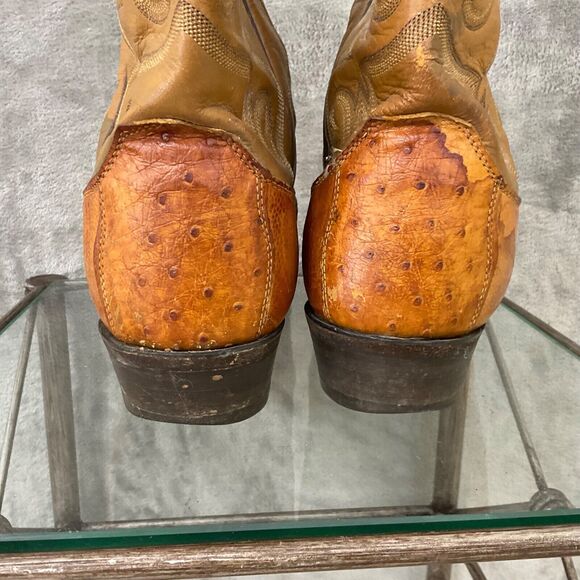 Vintage Justin Ostrich Cowboy Boots Mens 10.5 D Two tone tan full quill * - Picture 14 of 16